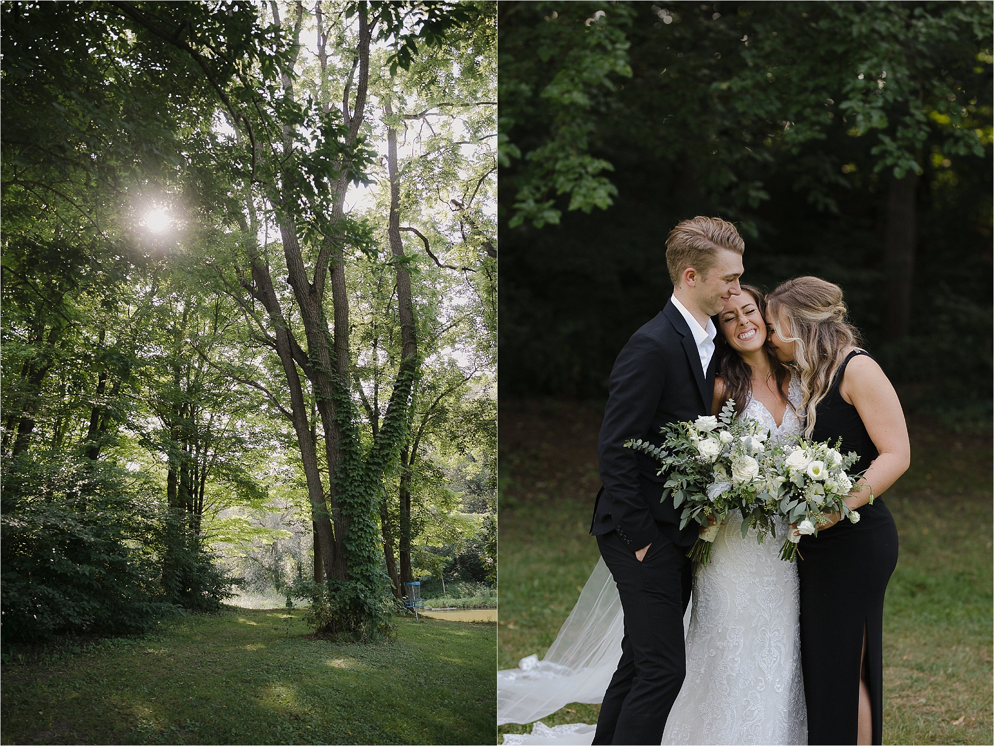 summer, wedding, st. catharines, ontario, chic, boho, public park, tented wedding, greenery, garlands, green and white florals, flowers, bouquets, dog, dogs, pizza, midnight snack, church, ceremony, arbor, reception, budget, bridesmaid, dress, black