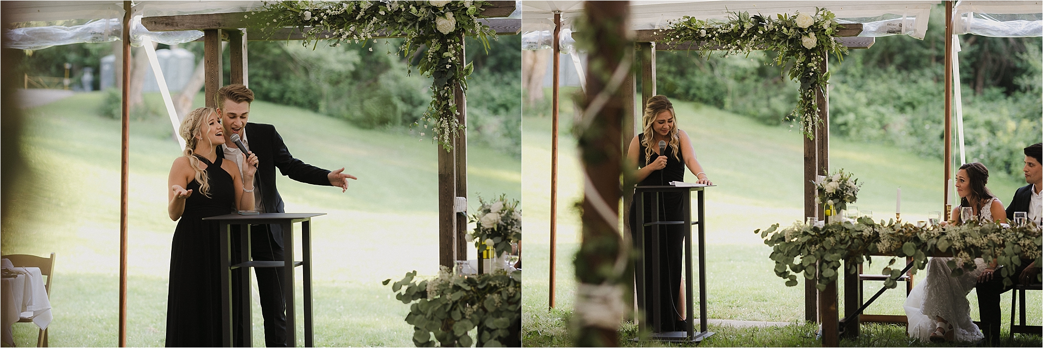 summer, wedding, st. catharines, ontario, chic, boho, public park, tented wedding, greenery, garlands, green and white florals, flowers, bouquets, dog, dogs, pizza, midnight snack, church, ceremony, arbor, reception, budget, bridesmaid, dress, black