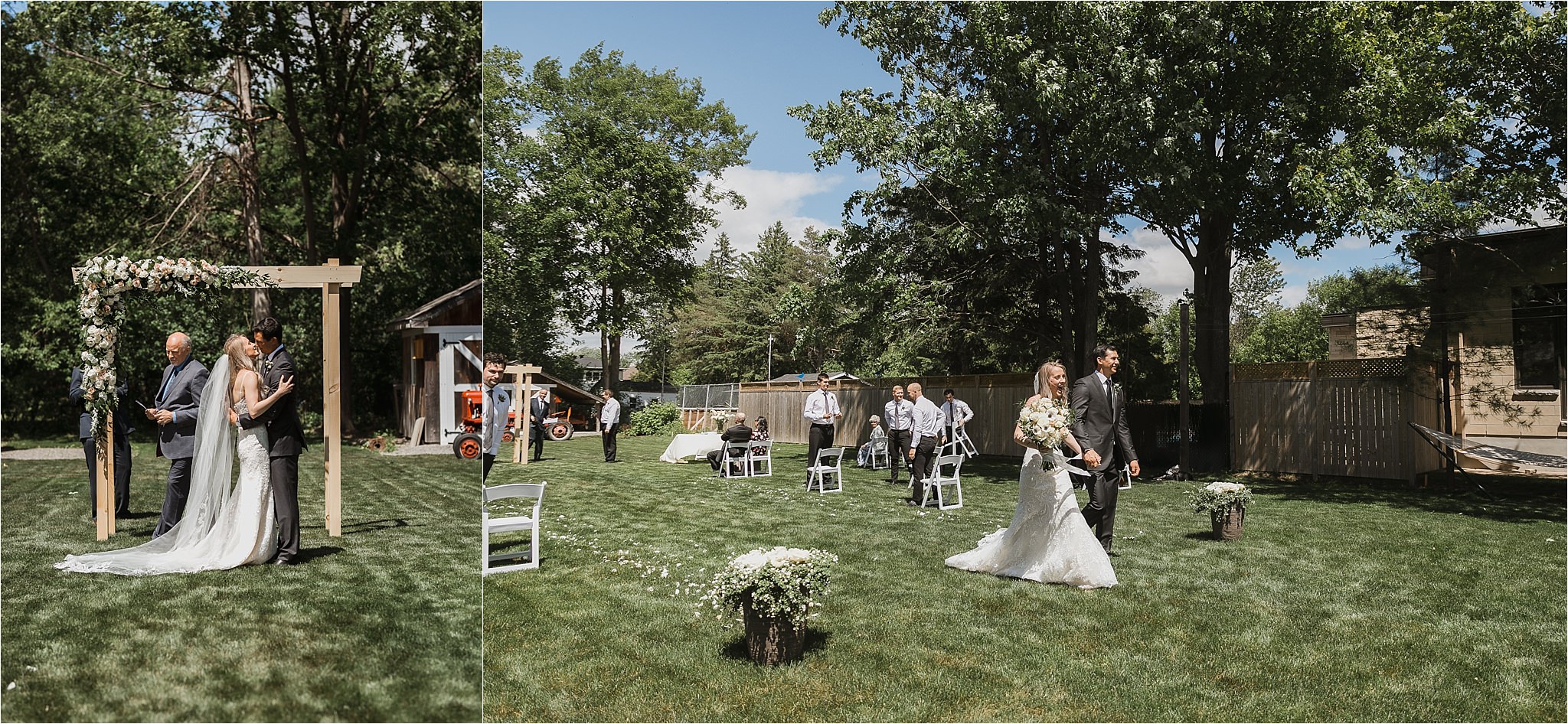 Ottawa Ontario backyard covid wedding ceremony. Socially distanced. Wedding arbor covered in greenery and flowers. Roses, peonies, Italian ruscus, sweet peas. 