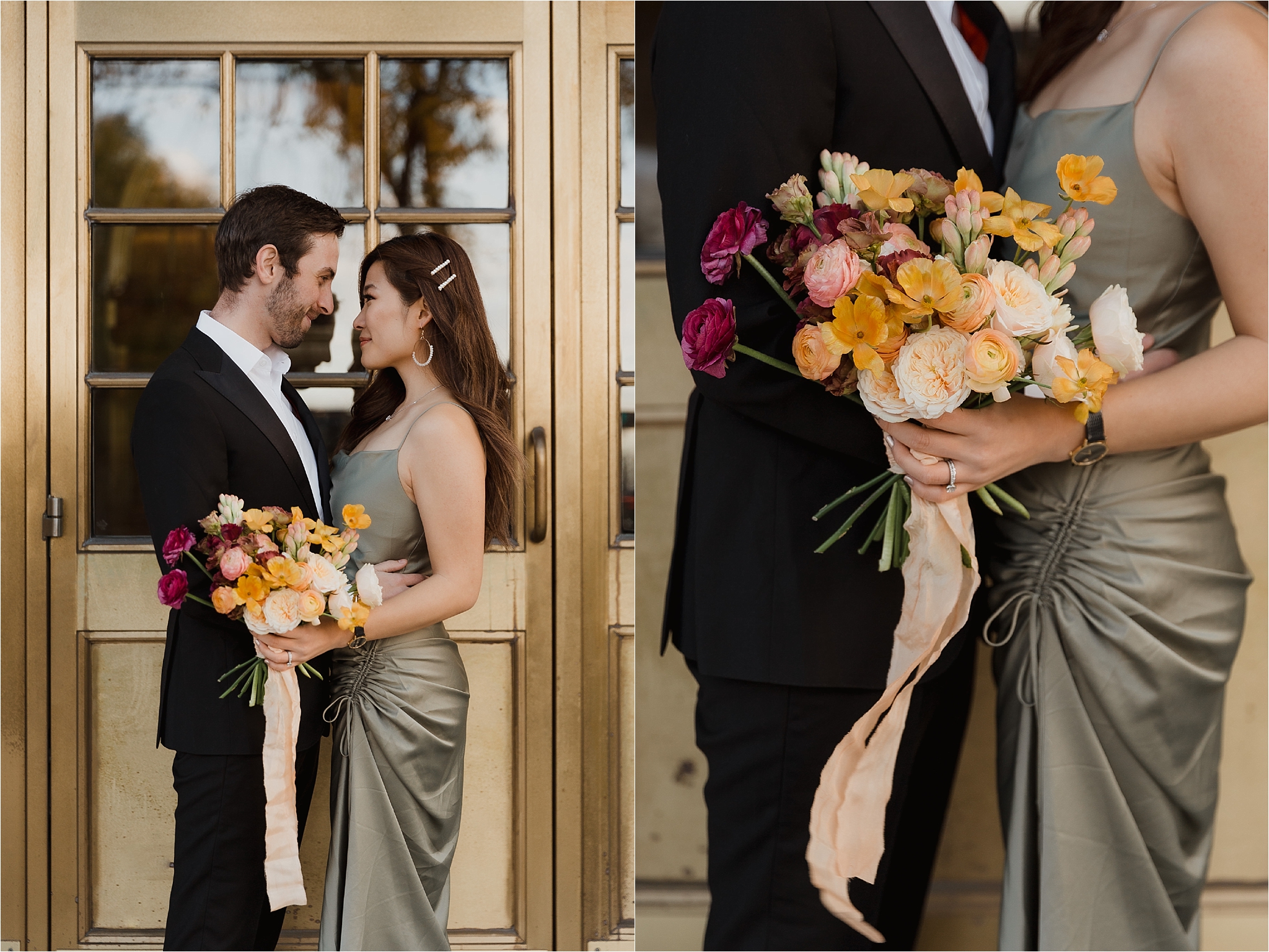 Downtown Ottawa elopement photo shoot ombre bouquet, Wellington building, photography by Sonia V Photography