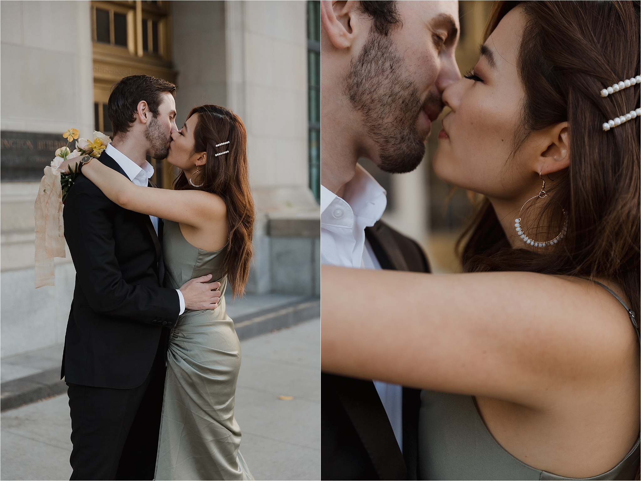 Downtown Ottawa elopement photo shoot ombre bouquet, Wellington building, photography by Sonia V Photography