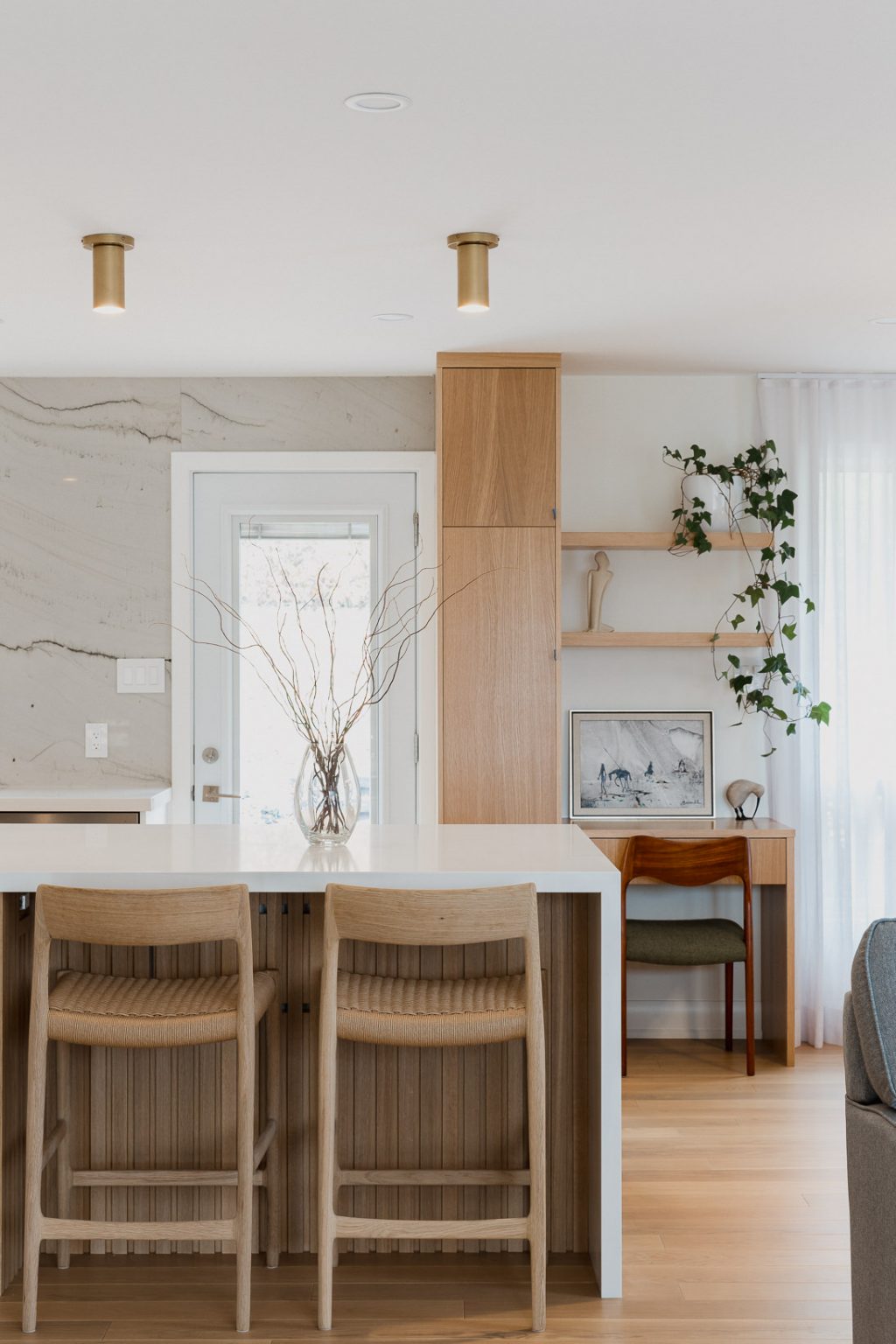 Unique Kitchen, Stunning Glass Railing, and Hidden Closet in Slat Wall ...