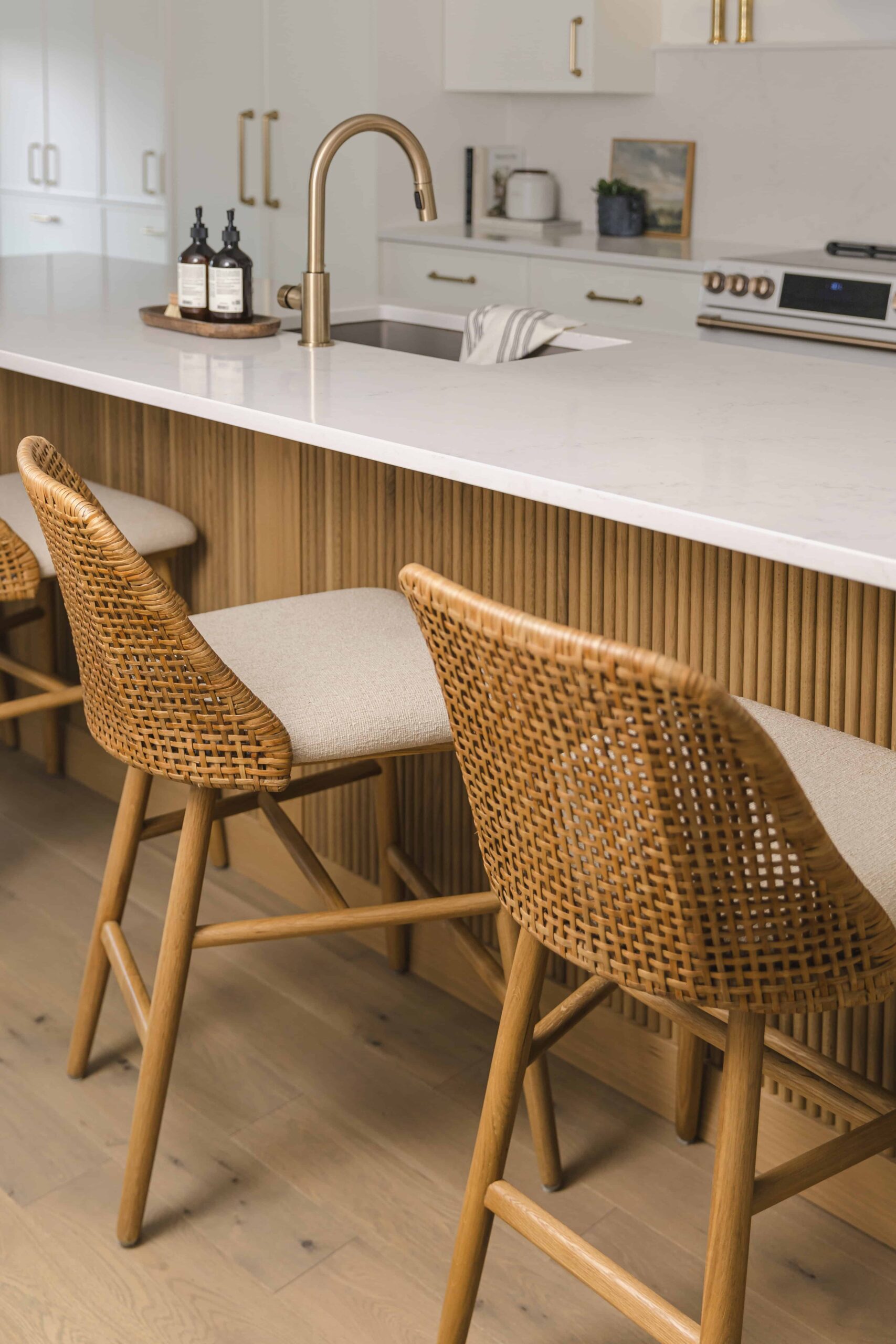 Warm Open-Concept Kitchen & Bath with Brass Accents - Sonia V Photography