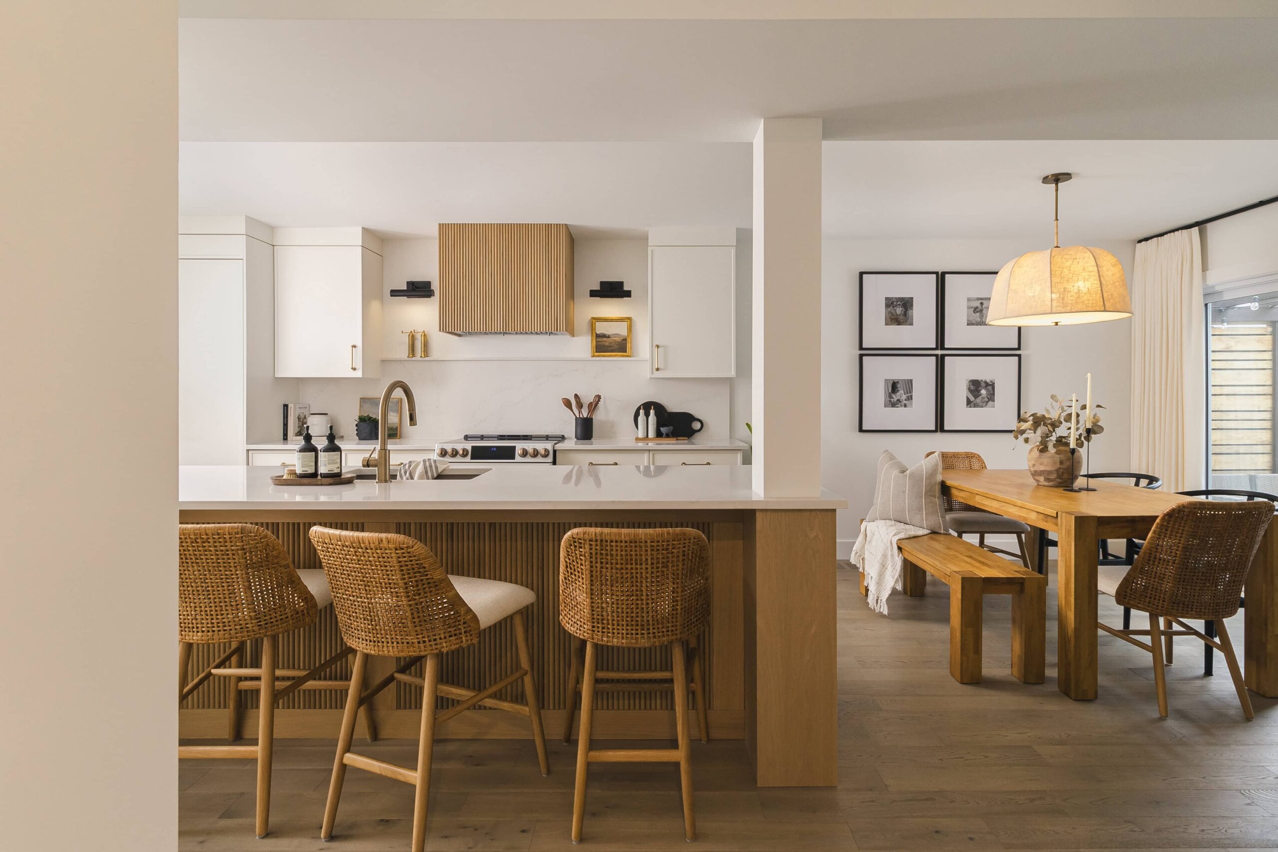 Warm Open-Concept Kitchen & Bath with Brass Accents - Sonia V Photography