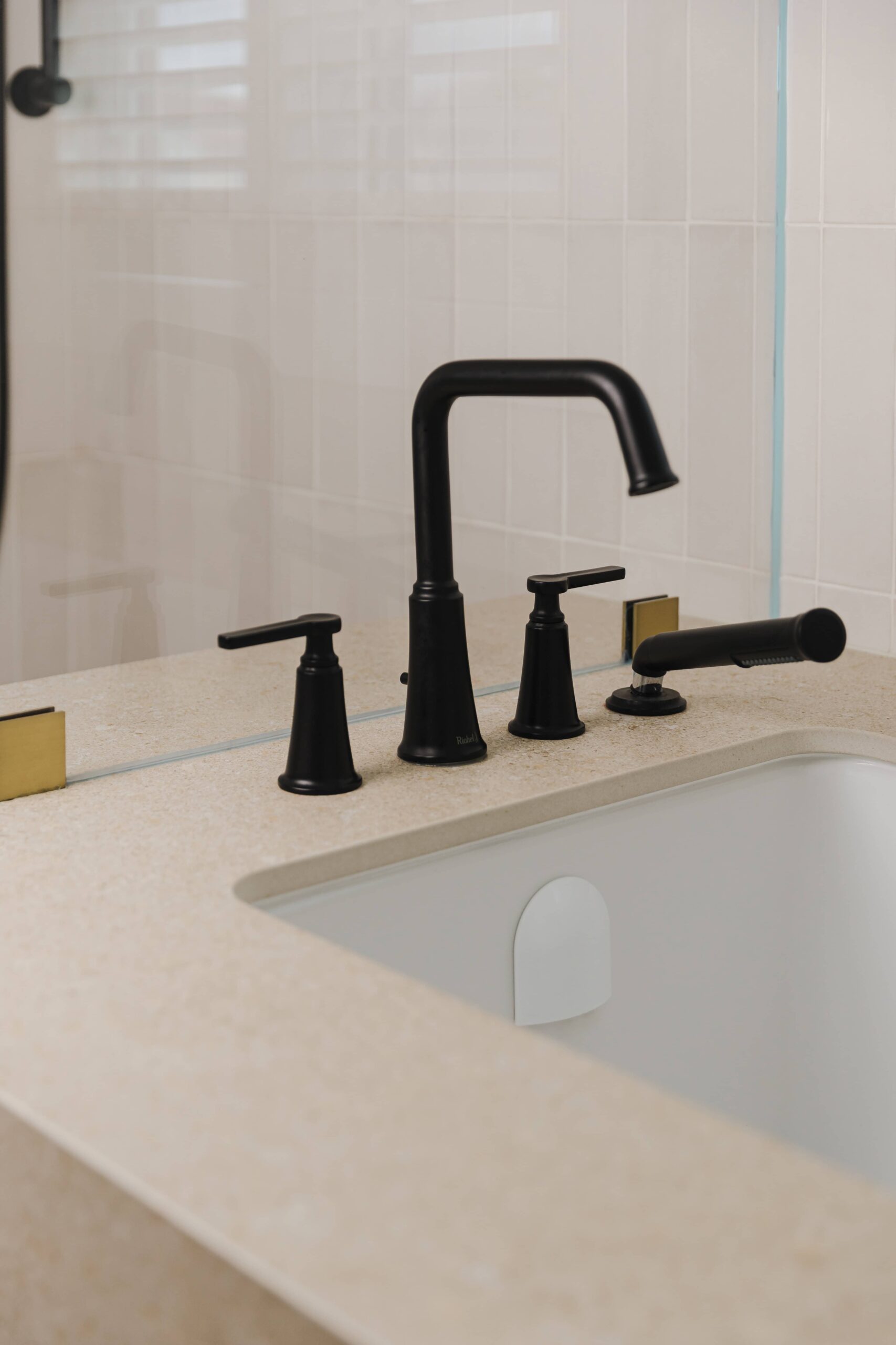 Warm Open-Concept Kitchen & Bath with Brass Accents - Sonia V Photography