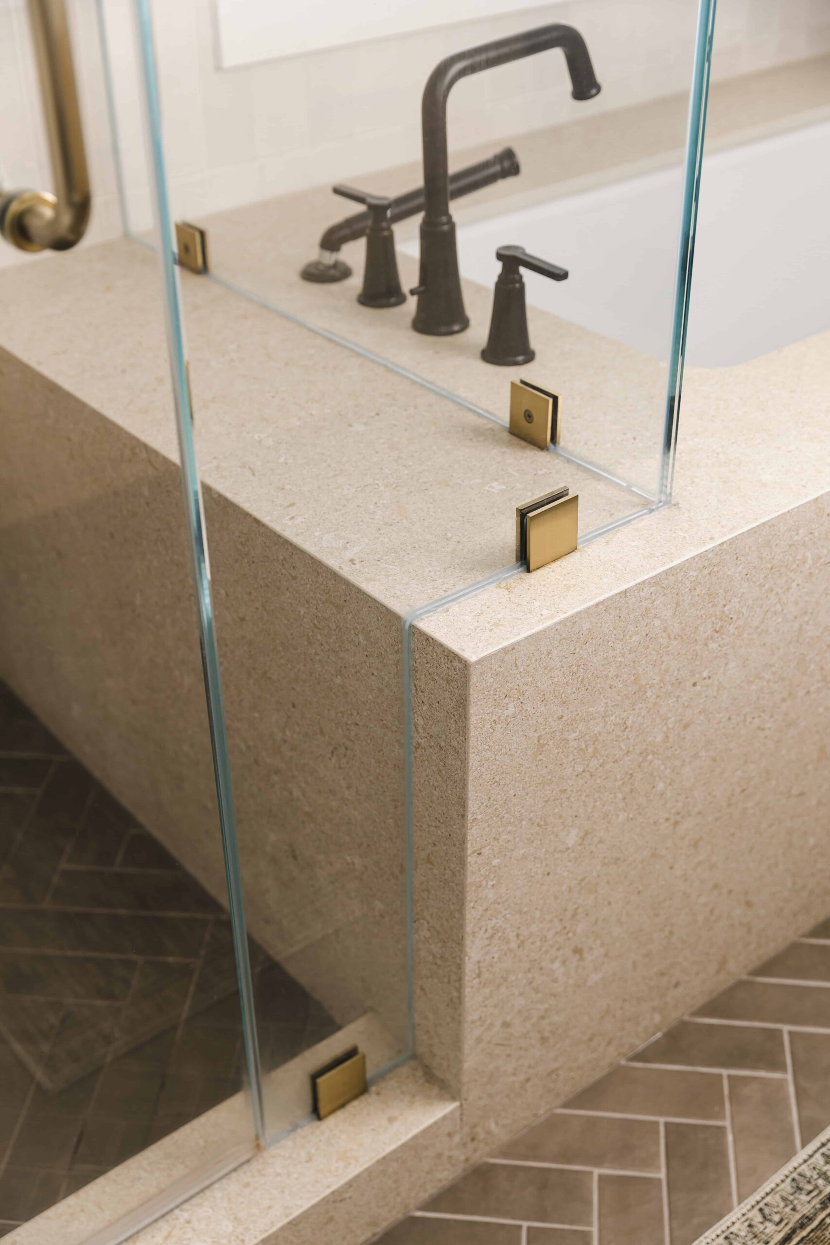 Warm Open-Concept Kitchen & Bath with Brass Accents - Sonia V Photography