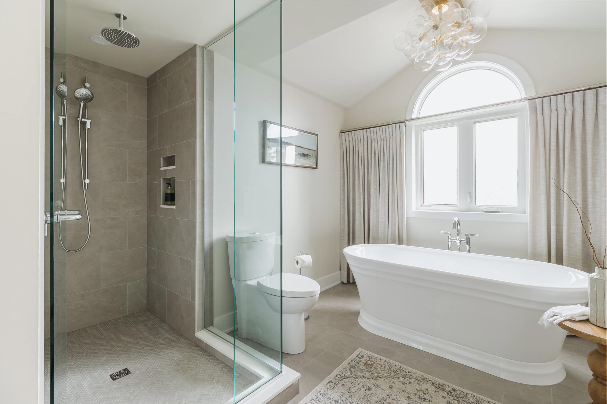 Neutral Bathroom Featuring A Bubble Chandelier - Sonia V Photography