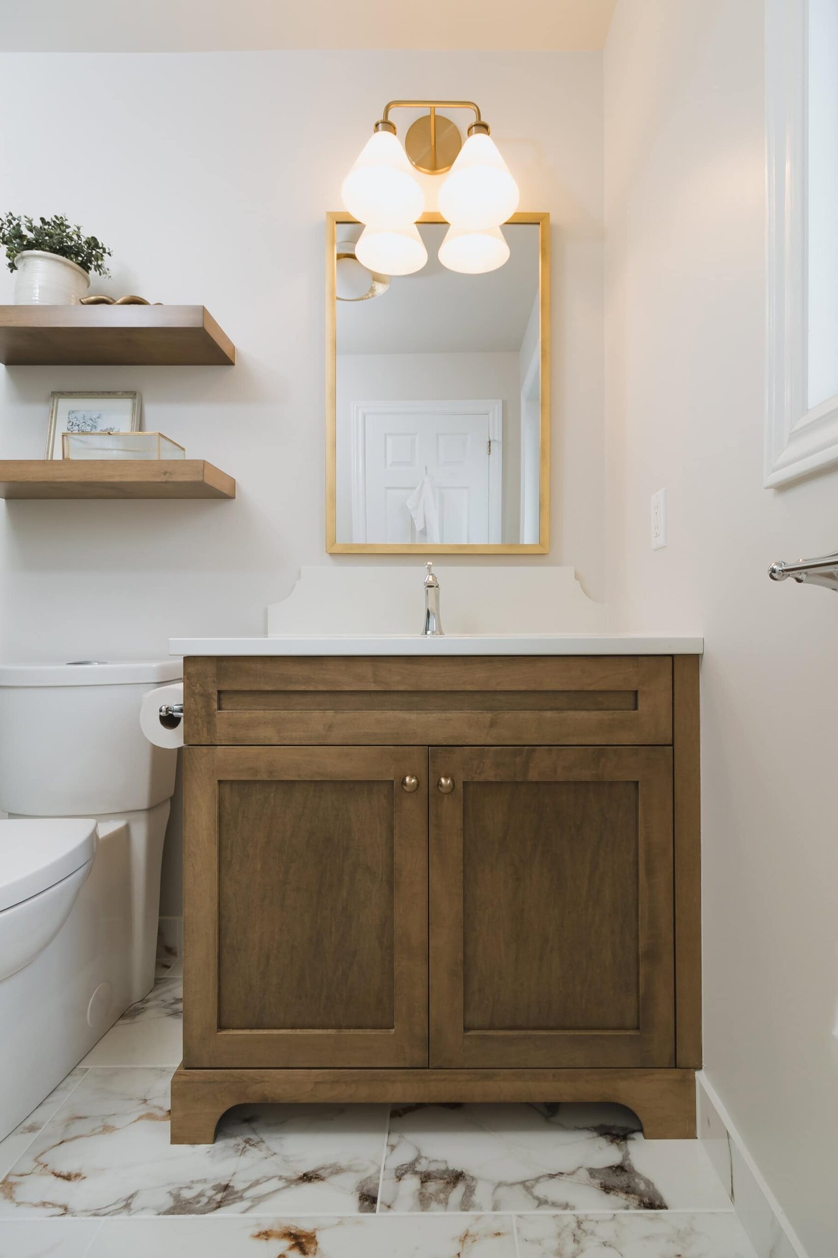 Neutral Bathroom Featuring A Bubble Chandelier - Sonia V Photography