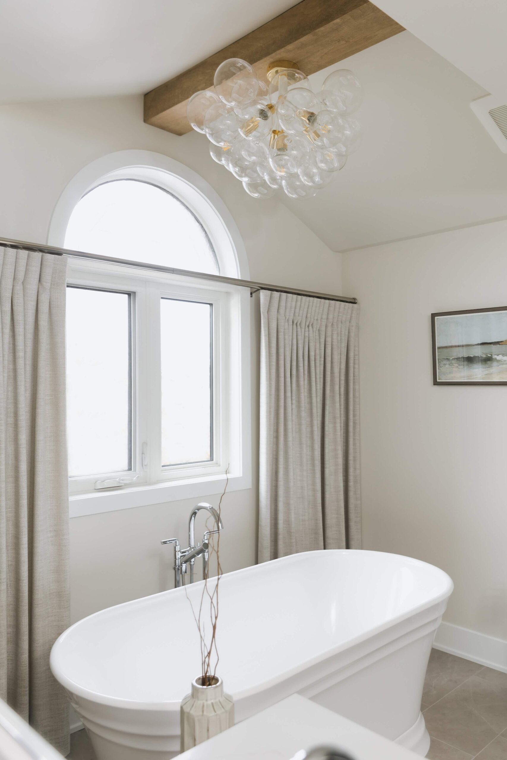 Neutral Bathroom Featuring A Bubble Chandelier - Sonia V Photography