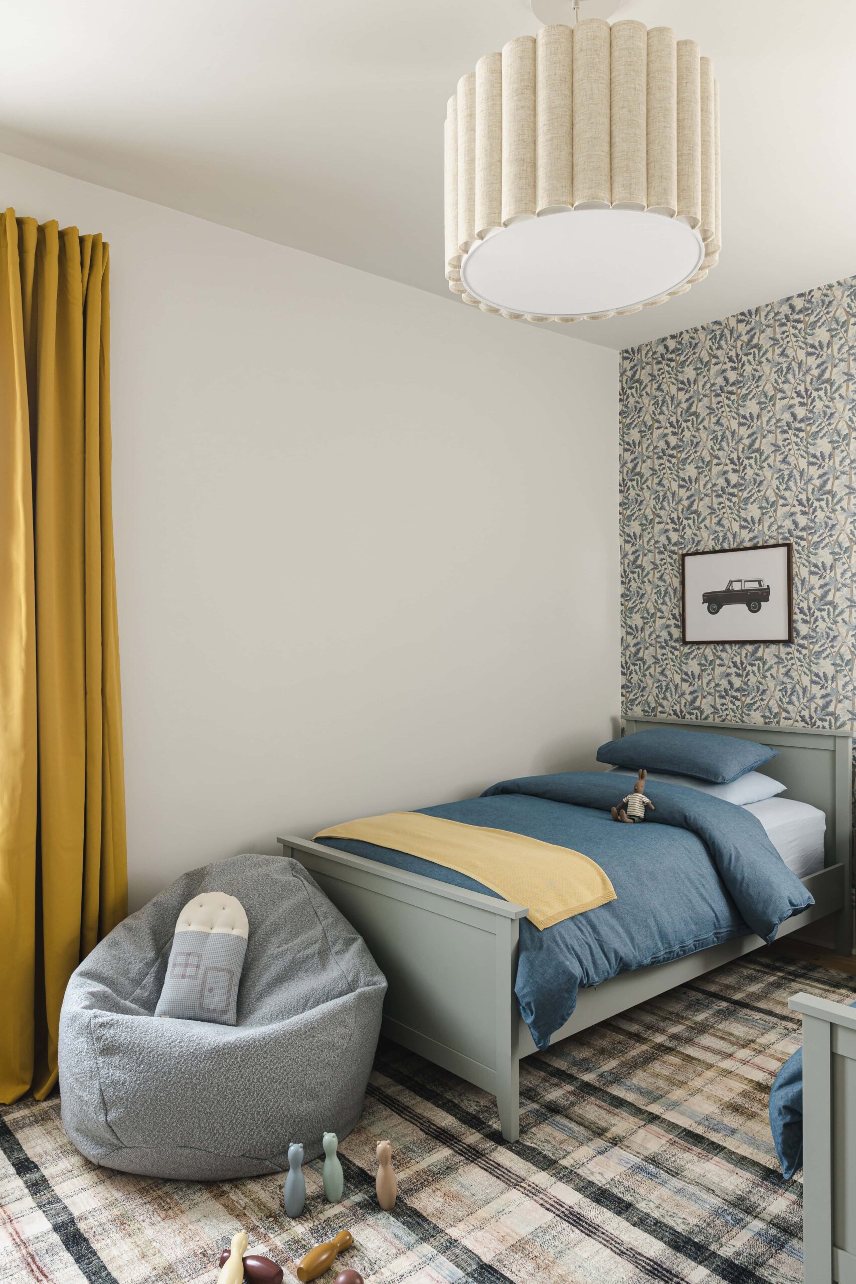 Yellow & Blue Boys Room Design with Lots of Pattern
