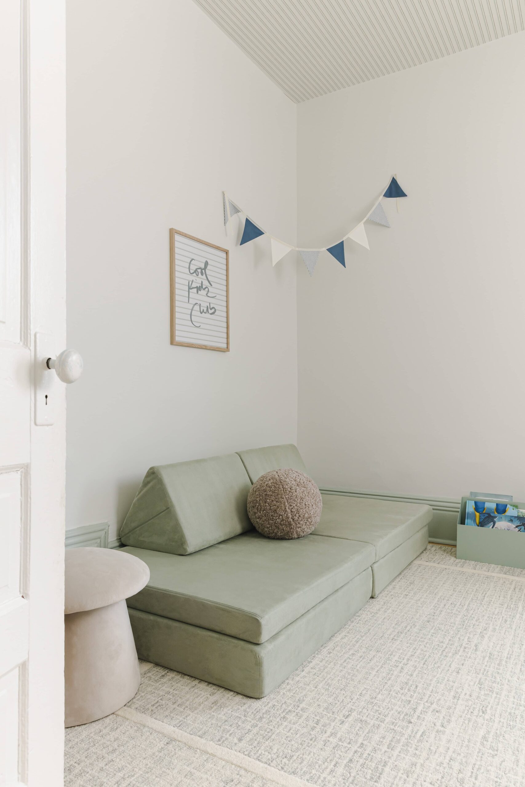Mint Green Playroom Makeover with Wallpapered Ceiling