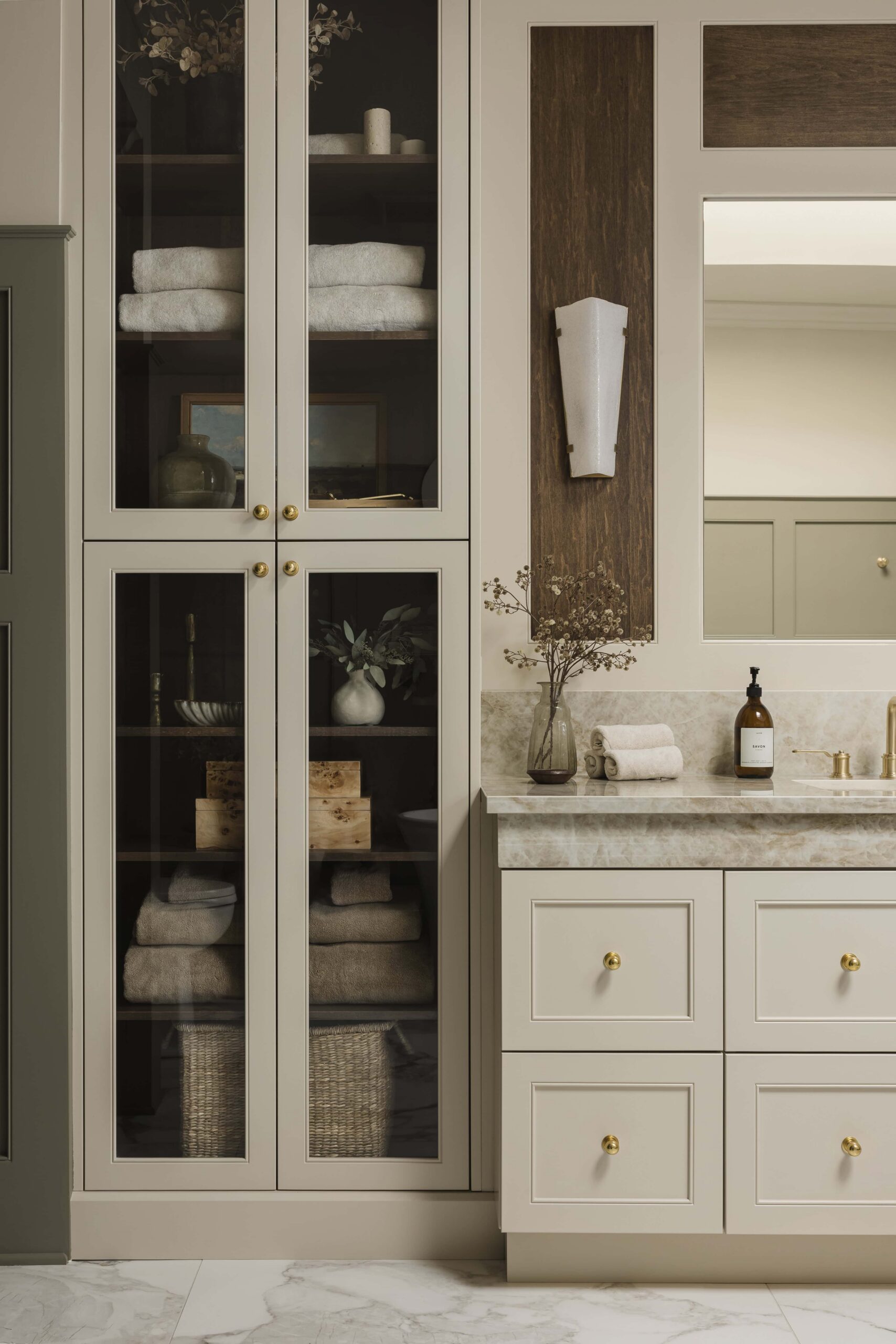 Moody Olive Kitchen and Marble Ensuite: Award-Winning Traditional and Transitional Design